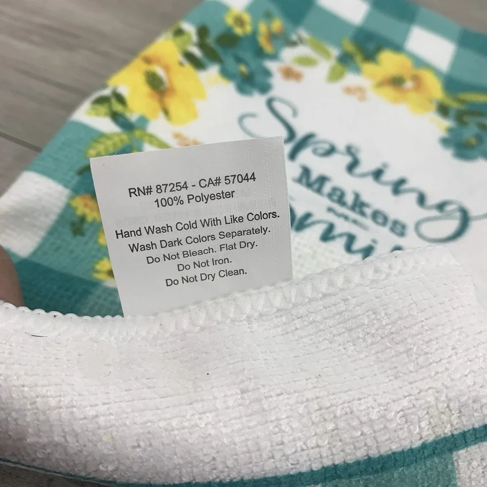 Spring Makes Me Smile 2 Kitchen Towels with Yellow Flowers Mint Green‎ Check